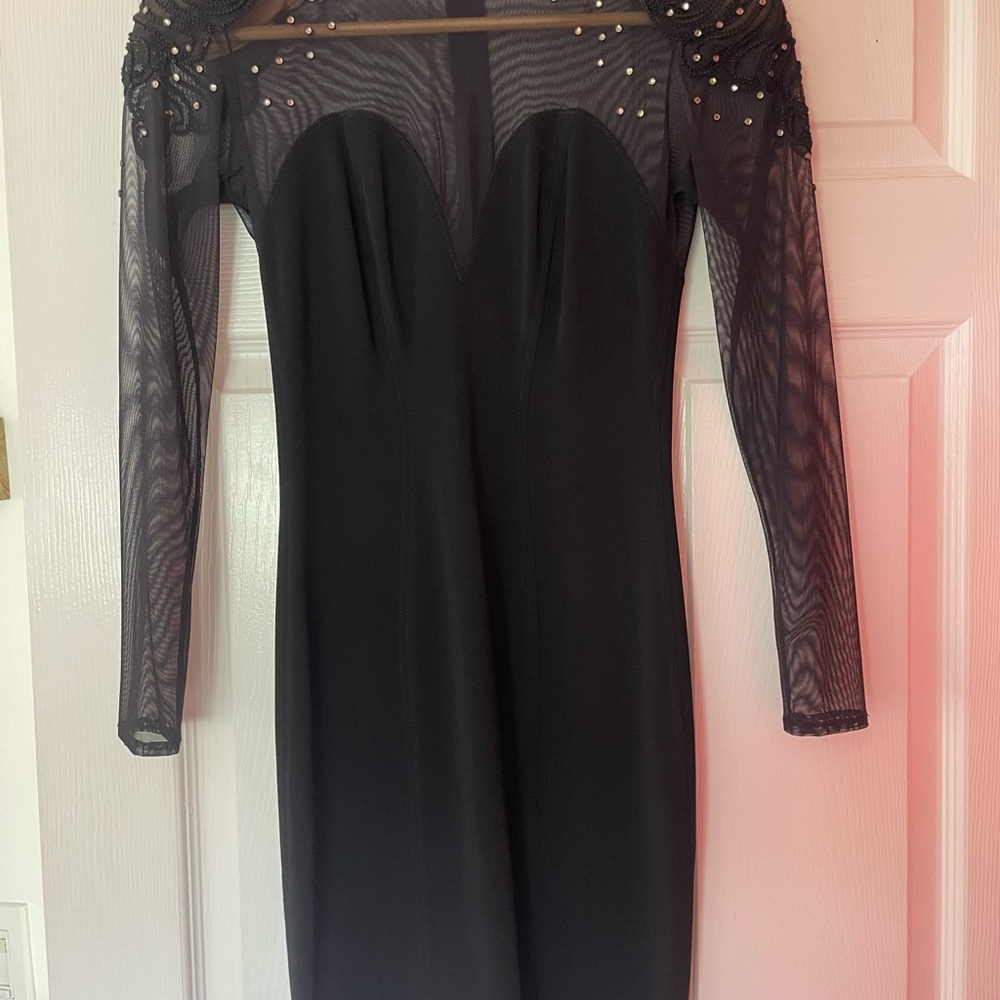 Long Sleeve Black Mesh Evening Dress with Embellished Shoulders